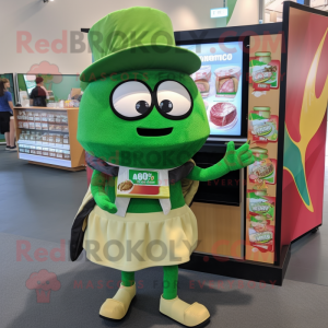 Green Tacos mascot costume character dressed with a A-Line Skirt and Wallets