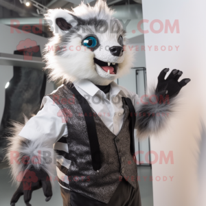 Silver Skunk mascot costume character dressed with a Waistcoat and Eyeglasses