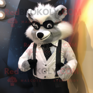 Silver Skunk mascot costume character dressed with a Waistcoat and Eyeglasses