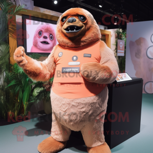 Peach Giant Sloth mascot costume character dressed with a Turtleneck and Lapel pins