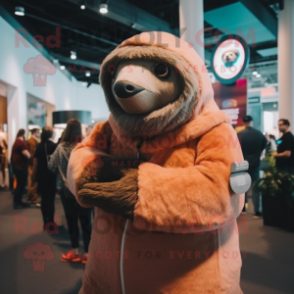 Peach Giant Sloth mascot costume character dressed with a Turtleneck and Lapel pins