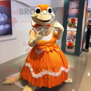 Orange Sea Turtle mascot costume character dressed with a Wedding Dress and Necklaces
