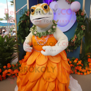 Orange Sea Turtle mascot costume character dressed with a Wedding Dress and Necklaces