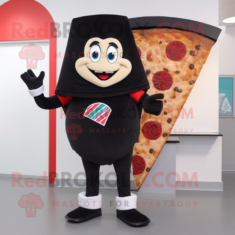 Black Pizza Slice mascot costume character dressed with a Sweatshirt and Foot pads Black Pizza Slice mascot costume character dressed with a Sweatshirt and Foot pads