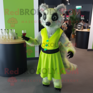 Lime Green Civet mascot costume character dressed with a Cocktail Dress and Belts