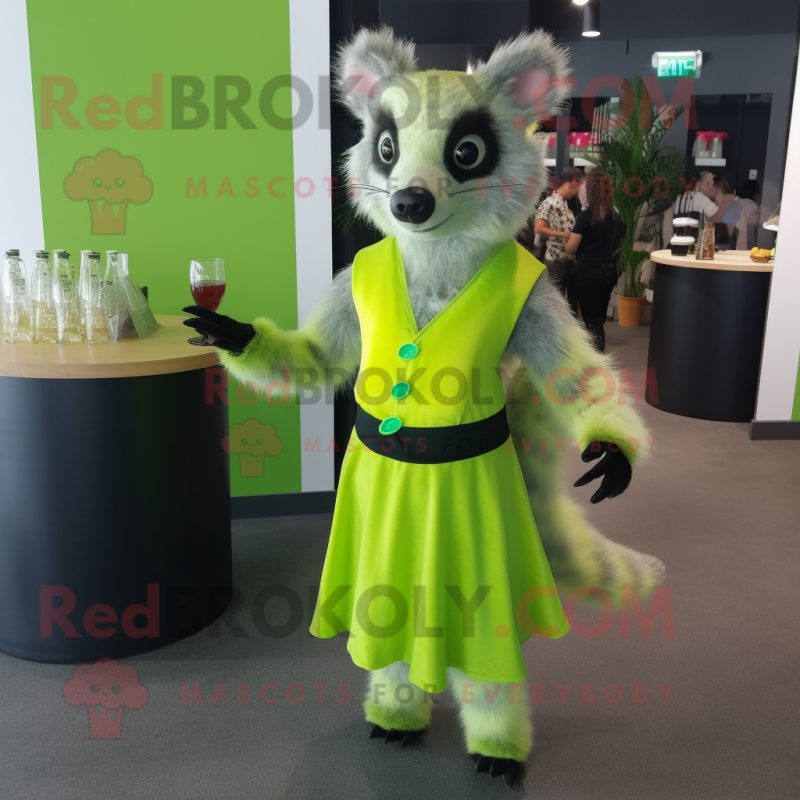 Lime Green Civet mascot costume character dressed with a Cocktail Dress and Belts Lime Green Civet mascot costume character dressed with a Cocktail Dress and Belts