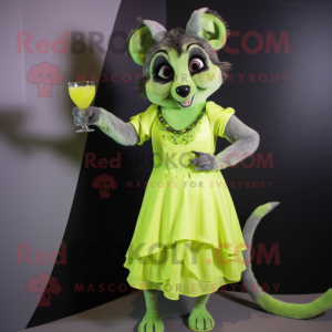 Lime Green Civet mascot costume character dressed with a Cocktail Dress and Belts