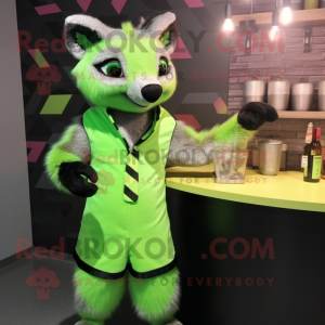 Lime Green Civet mascot costume character dressed with a Cocktail Dress and Belts