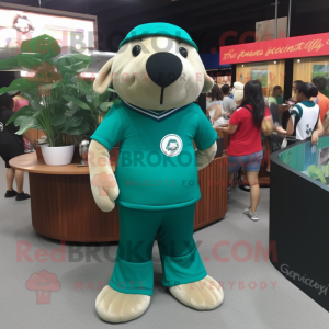 Forest Green Sea Lion mascot costume character dressed with a Polo Tee and Hair clips