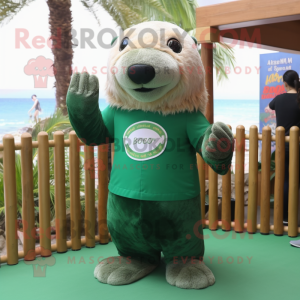 Forest Green Sea Lion mascot costume character dressed with a Polo Tee and Hair clips