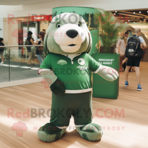 Forest Green Sea Lion mascot costume character dressed with a Polo Tee and Hair clips