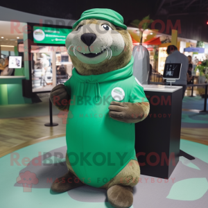 Forest Green Sea Lion mascot costume character dressed with a Polo Tee and Hair clips