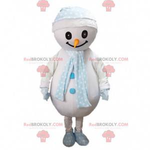 Mascote grande boneco de neve com um lenço e um chapéu -