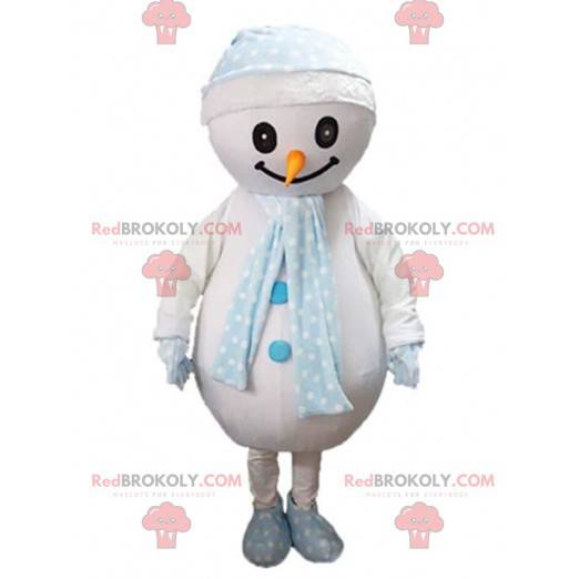 Grote sneeuwman mascotte met een sjaal en een hoed -