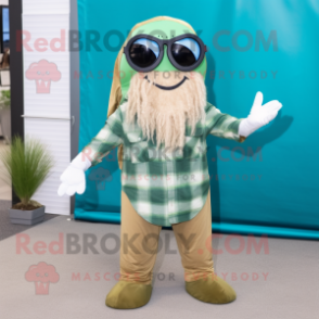 Olive Mermaid mascot costume character dressed with a Flannel Shirt and Sunglasses