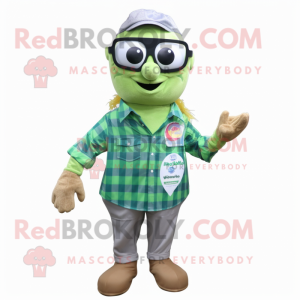Olive Mermaid mascot costume character dressed with a Flannel Shirt and Sunglasses
