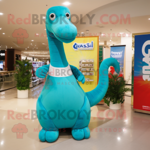 Cyan Brachiosaurus mascot costume character dressed with a Poplin Shirt and Watches