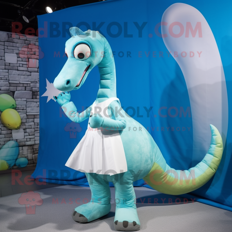 Cyan Brachiosaurus mascot costume character dressed with a Poplin Shirt and Watches Cyan Brachiosaurus mascot costume character dressed with a Poplin Shirt and Watches