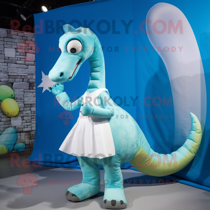 Cyan Brachiosaurus mascot costume character dressed with a Poplin Shirt and Watches