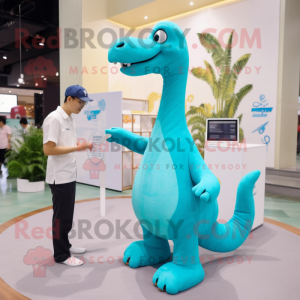 Cyan Brachiosaurus mascot costume character dressed with a Poplin Shirt and Watches