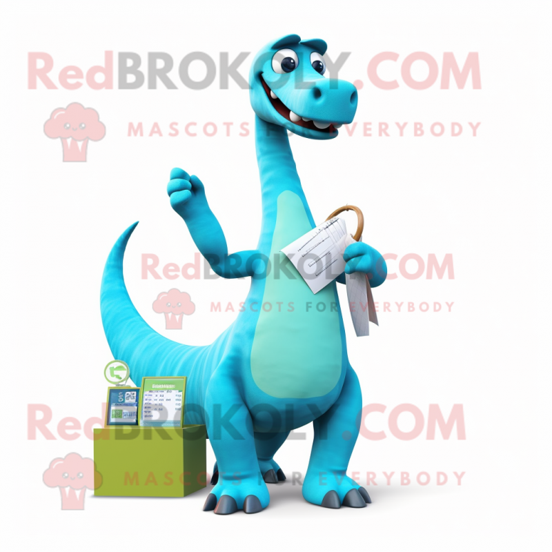 Cyan Brachiosaurus mascot costume character dressed with a Poplin Shirt and Watches