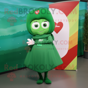 Green Love Letter mascot costume character dressed with a Circle Skirt and Mittens