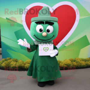 Green Love Letter mascot costume character dressed with a Circle Skirt and Mittens