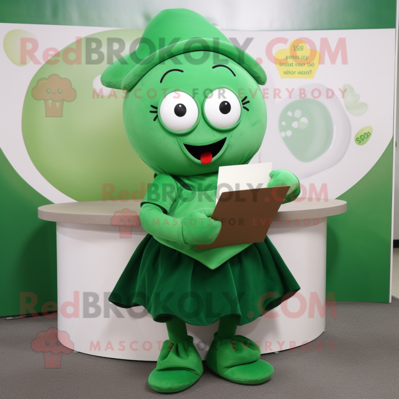 Green Love Letter mascot costume character dressed with a Circle Skirt and Mittens