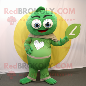 Green Love Letter mascot costume character dressed with a Circle Skirt and Mittens