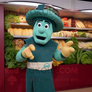 Teal Caesar Salad mascot costume character dressed with a Sweater and Hats