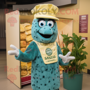 Teal Caesar Salad mascot costume character dressed with a Sweater and Hats