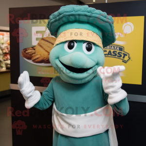 Teal Caesar Salad mascot costume character dressed with a Sweater and Hats