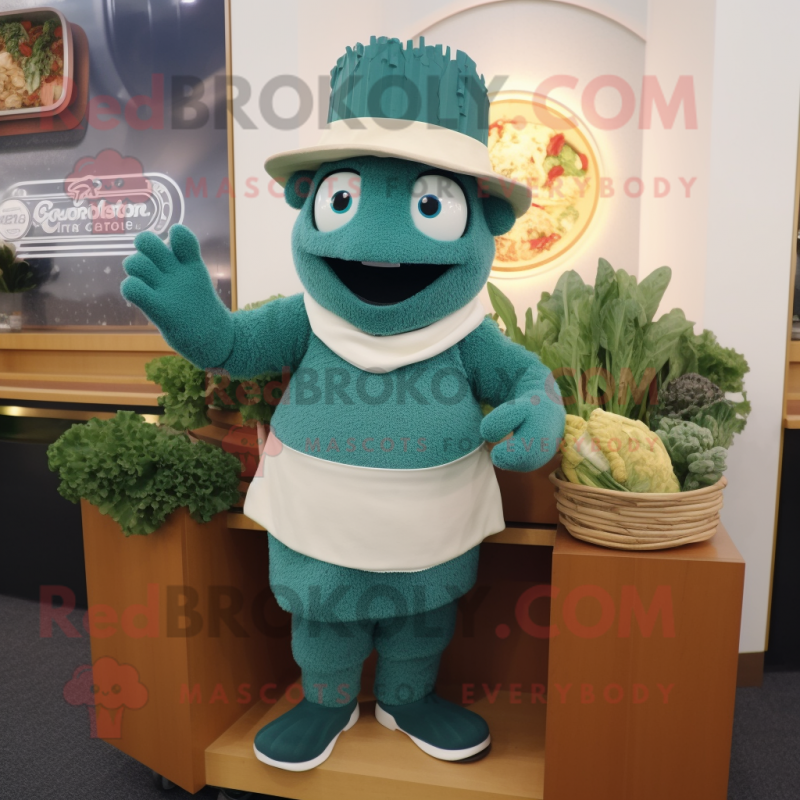 Teal Caesar Salad mascot costume character dressed with a Sweater and Hats