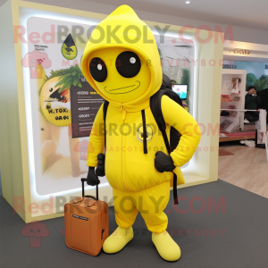 Lemon Yellow Commando mascot costume character dressed with a Hoodie and Handbags