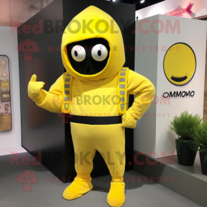 Lemon Yellow Commando mascot costume character dressed with a Hoodie and Handbags
