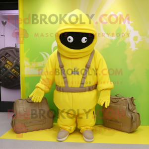 Lemon Yellow Commando mascot costume character dressed with a Hoodie and Handbags