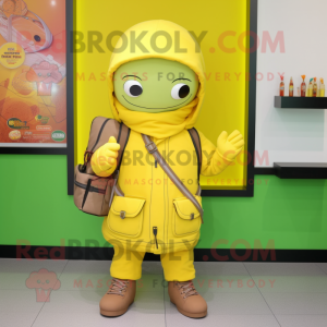 Lemon Yellow Commando mascot costume character dressed with a Hoodie and Handbags