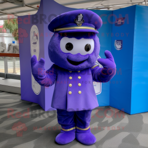 Purple Navy Soldier mascot costume character dressed with a Trousers and Beanies