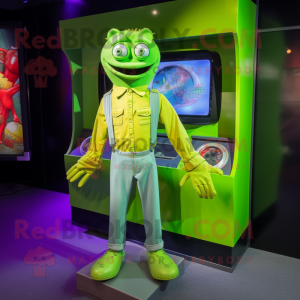 Lime Green Television mascot costume character dressed with a Boyfriend Jeans and Cufflinks