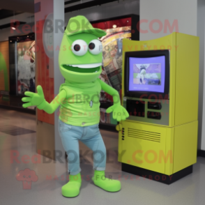 Lime Green Television mascot costume character dressed with a Boyfriend Jeans and Cufflinks