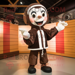Brown Mime mascot costume character dressed with a Bomber Jacket and Shawls