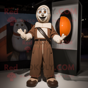 Brown Mime mascot costume character dressed with a Bomber Jacket and Shawls
