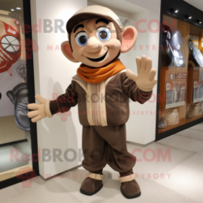 Brown Mime mascot costume character dressed with a Bomber Jacket and Shawls