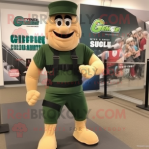 Forest Green Gi Joe mascot costume character dressed with a Running Shorts and Backpacks