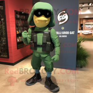 Forest Green Gi Joe mascot costume character dressed with a Running Shorts and Backpacks