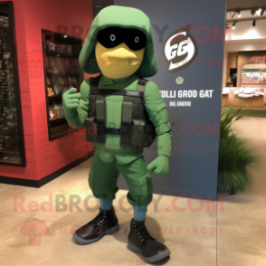 Forest Green Gi Joe mascot costume character dressed with a Running Shorts and Backpacks