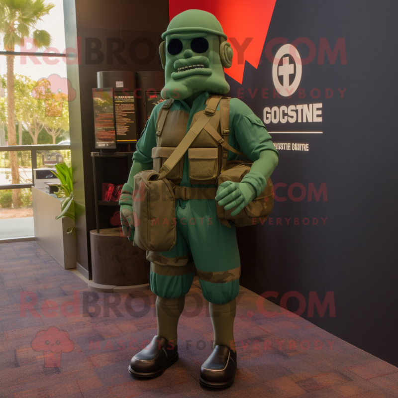 Forest Green Gi Joe mascot costume character dressed with a Running Shorts and Backpacks Forest Green Gi Joe mascot costume character dressed with a Running Shorts and Backpacks