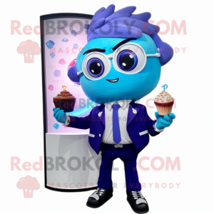 Blue Cupcake mascot costume character dressed with a Blazer and Digital watches
