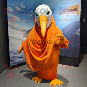 Orange Albatross mascot costume character dressed with a V-Neck Tee and Shawl pins