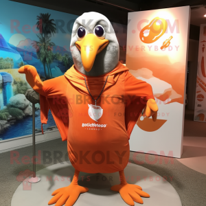 Orange Albatross mascot costume character dressed with a V-Neck Tee and Shawl pins